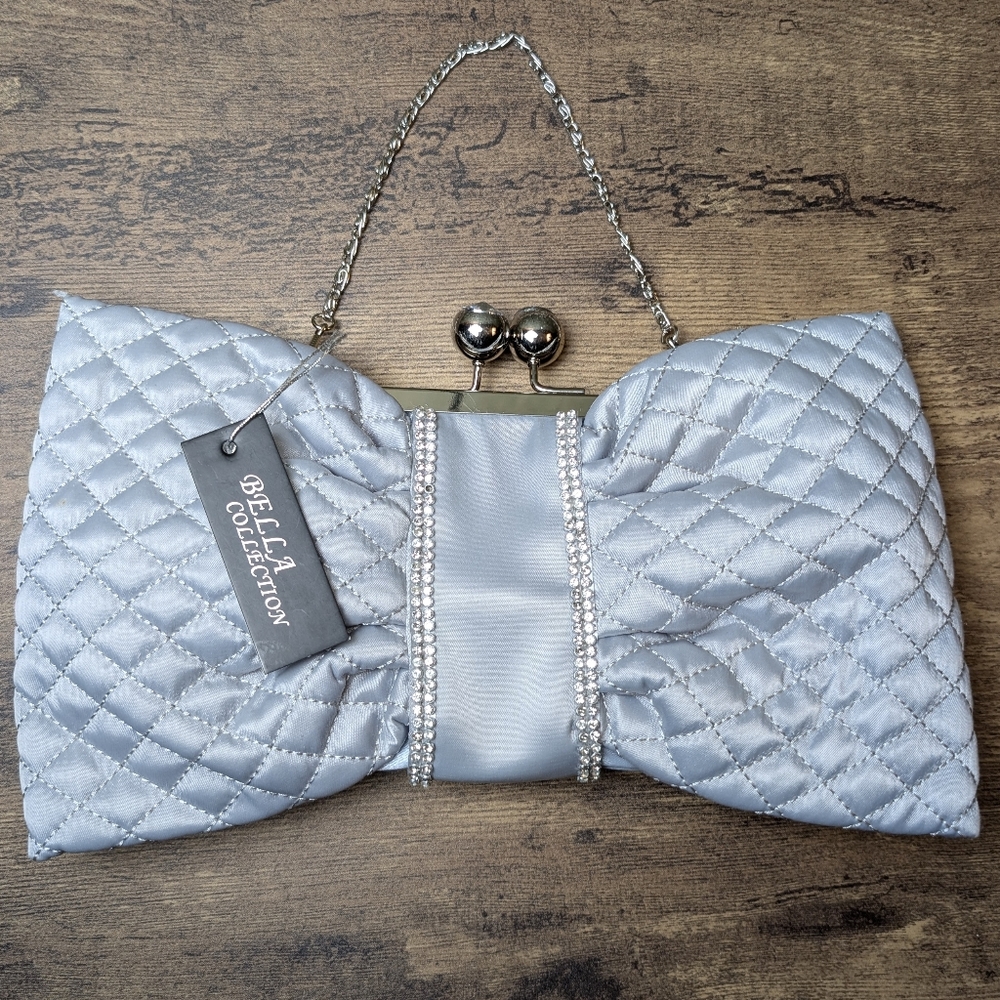 NWT Bella Collection Silver Quilted Bow and Rhinestone Clutch
